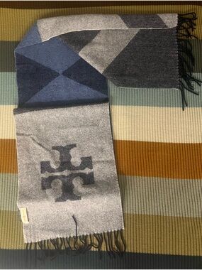 Tory Burch Blue & Gray Logo Cashmere Wool Blend Scarf